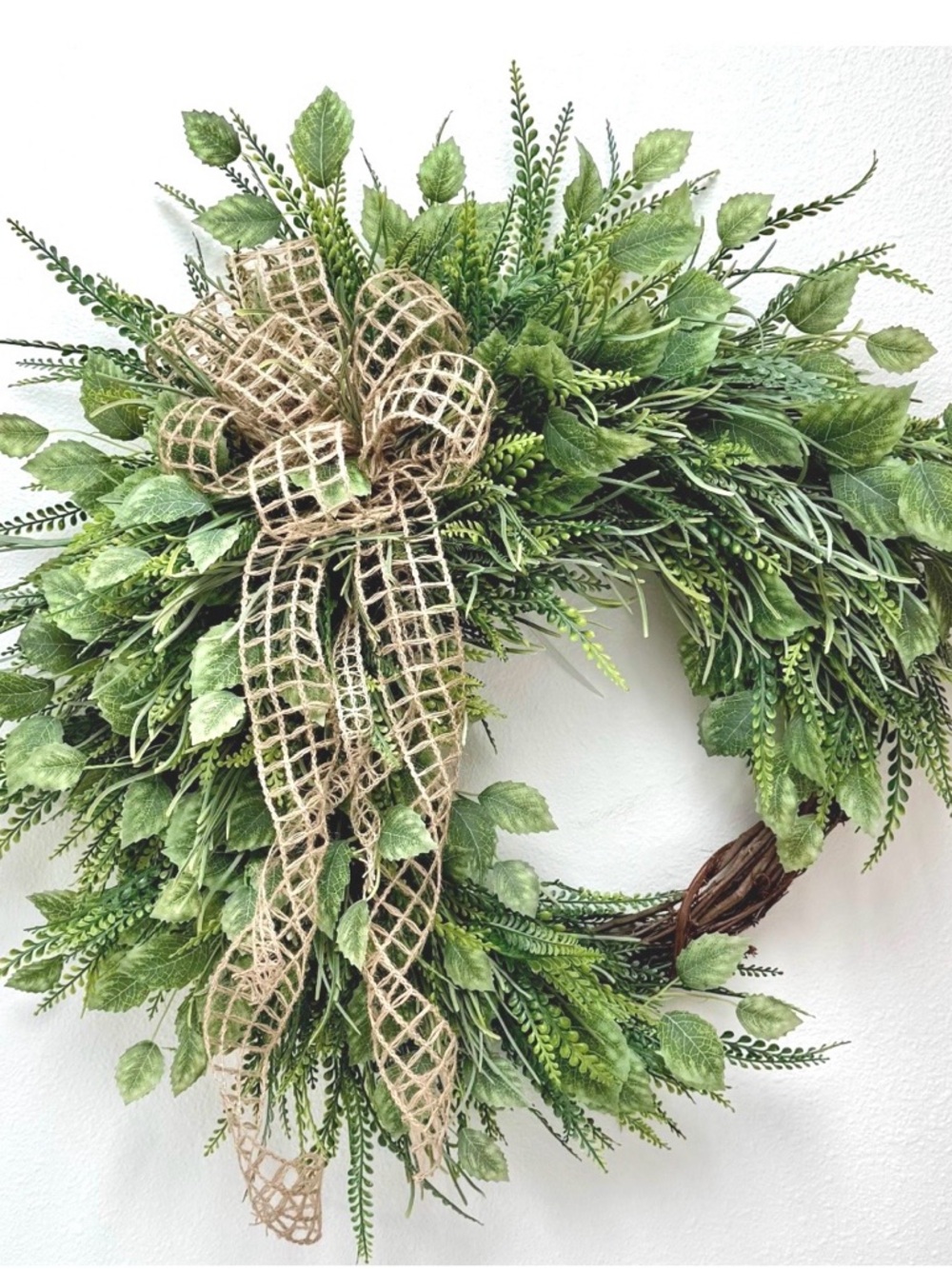 Year Round Wreath - Green Rustic Jute Bow Fern Wreath - Mother's Day